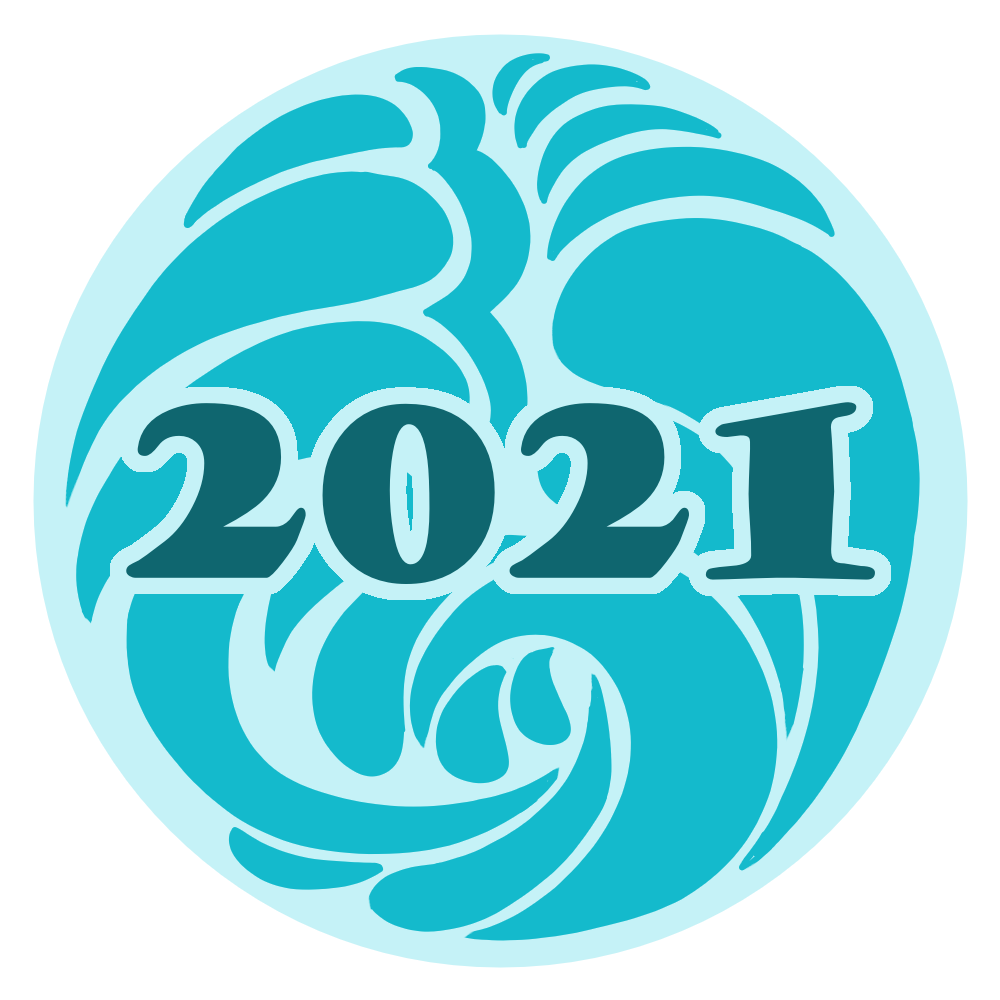 2021 written in the center of a blue circle, adorned with wave-like patterns.