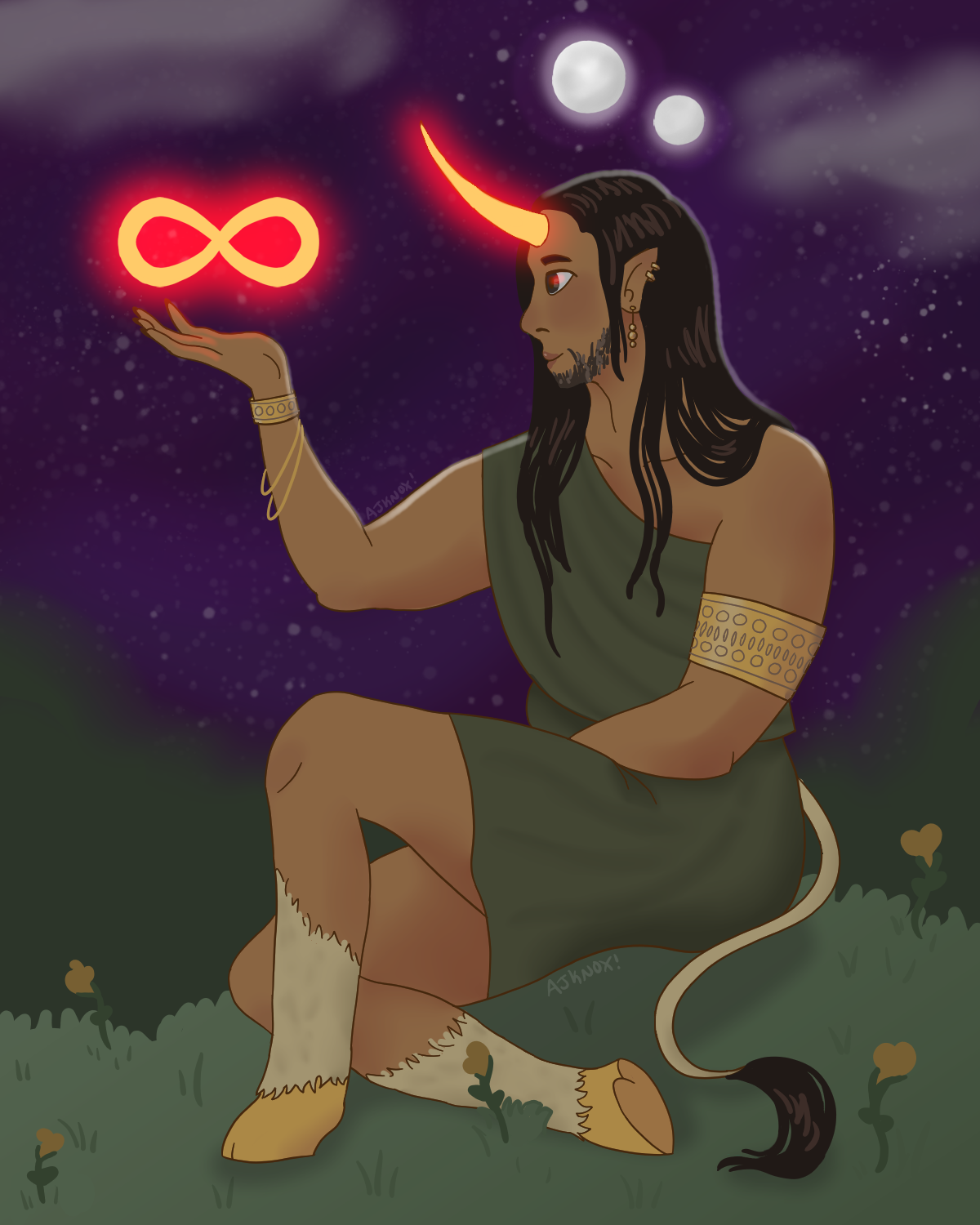 a tan-skinned bearded person with long hair sits on the ground. instead of feet, they have hooves, and their shins are covered in white fur. they're wearing a green dress and golden jewelry. they have pointy ears, a unicorn tail, and a horn coming out of their forehead. the horn is glowing orange, the same shade as an infinity sign floating in their hand. they have a serene expression on their face.