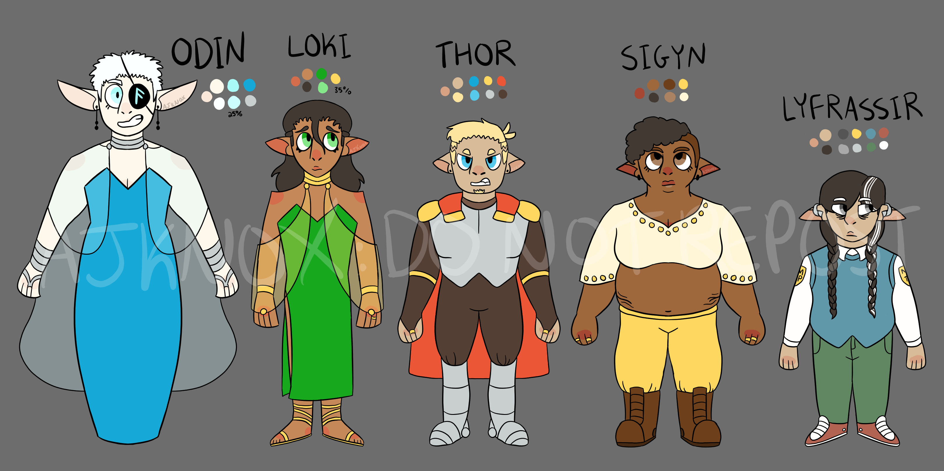 character design lineup of five characters with pointed ears from the bifrost incident. details of each character will follow.
odin has pale skin, a white buzzcut, and an eyepatch with the ansuz rune. she has long pointy ears and light blue eyes. she wears silver jewelry, a blue dress that hides her feet, and a translucent cape. her expression looks excited about something probably evil.
loki has dark skin, shoulder-length black hair, and green eyes. she wears gold jewelry and sandals, and a green dress. she looks concerned.
thor has tan skin, blue eyes, and short blonde hair with a lightning bolt shaved into the undercut. he has silver armor and leg prosthetics, with gold shoulder plates. the fabric underneath is dark brown. he has a red cape and is scowling.
sigyn has dark skin, brown eyes, and black hair that’s shaved on one side.she wears a blouse and yellow pants with boots. she has stretch marks on her stomach, and is looking up in a determined way.
lyfrassir has tan skin, gray eyes, and hearing aids on each ear. they have dark hair in two braids, with some gray streaks. they wear a blue vest, green pants, and gray-red shoes. they have a yellow NMTP (new midgard transport police) badge on each shoulder. they look tired and worried.