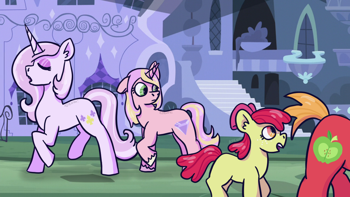 fanart of characters from my little pony friendship is magic. fleur de lis is walking through canterlot with akero, a pink unicorn with purple and yellow hair. her cutie mark is a purple diamond. she's looking at the foreground, where big mac and apple bloom are walking in the opposite direction.