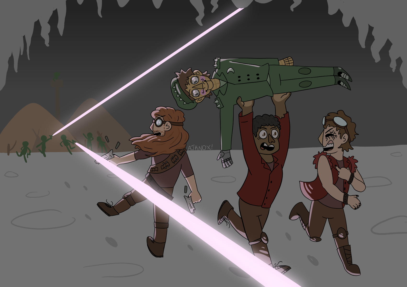 fanart of characters from the mechanisms. the characters in focus are running from a military camp firing plasma beams at them, all wearing red outfits color save for the toy soldier, who wears a green uniform. gunpowder tim is carrying guns and shouting, his back to the camera. jonny d'ville is laughing and giving a middle finger to the camp. bertie, a black man with short curly hair, is running with a scared expression. bertie is carrying the toy soldier above his head.