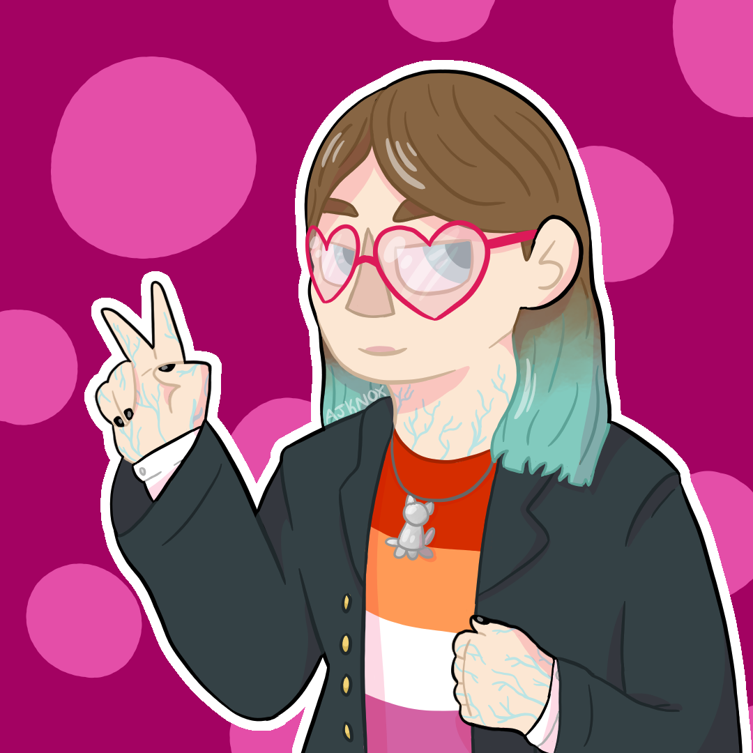 fanart of nastya rasputina from the mechanisms. she has long hair with blue tips and blue eyes. she's giving a peace sign to the camera and wearing pink heart-shaped glasses. she's wearing an octokitten necklace and her thick coat with a lesbian flag shirt underneath. blue veins are visible on her hands and neck.