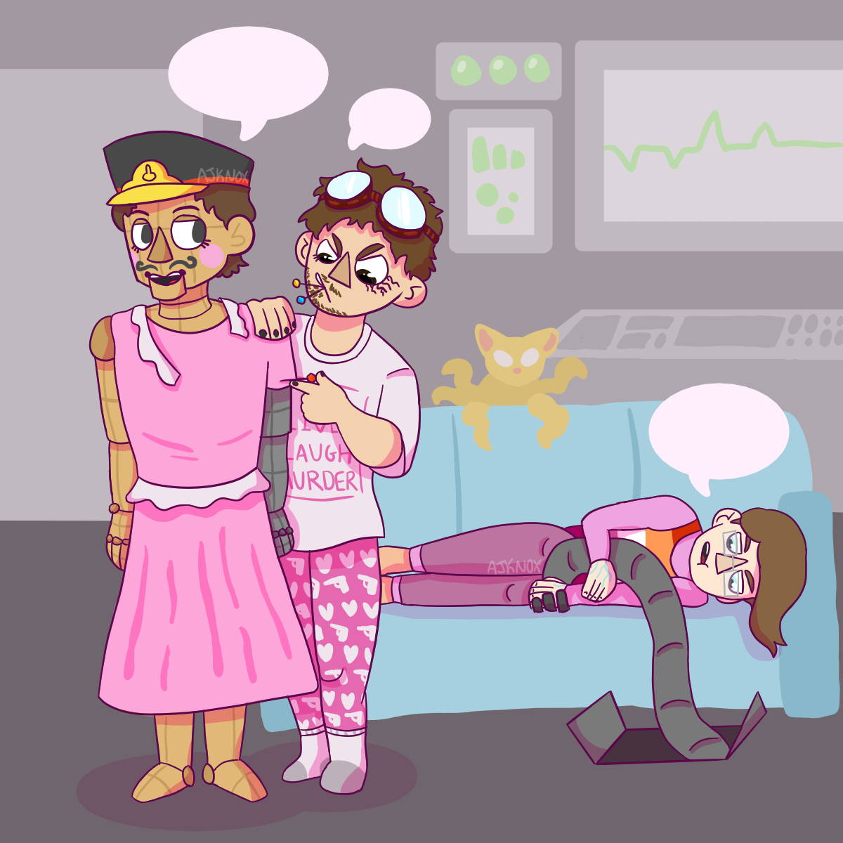 fanart of characters from the mechanisms. jonny d'ville is standing behind the toy soldier, holding sewing pins in his mouth. he's wearing pajamas that say 'live laugh murder' and pink pants adorned with guns and hearts. the toy soldier is acting as a mannequin for jonny, an unfinished dress draping over its body. it's wearing its usual cap and is looking at jonny with a smile. nastya rasputina is further back, laying on a couch and cuddling a mechanical arm. her pajamas are pink and the shirt has the lesbian flag on it. there's an octokitten lurking over the couch.