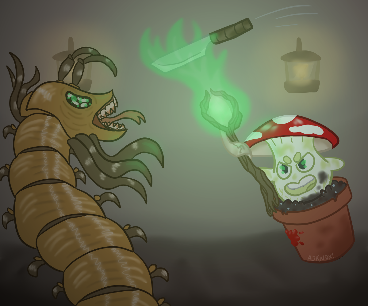 a sentient mushroom in a pot, flying through the air and waving a staff that lights up a nearby dagger with dreen energy. he looks determined and is shouting wordlessly. closer to the camera is a large centipede-like creature with its tongue out. the background is that of a mine.