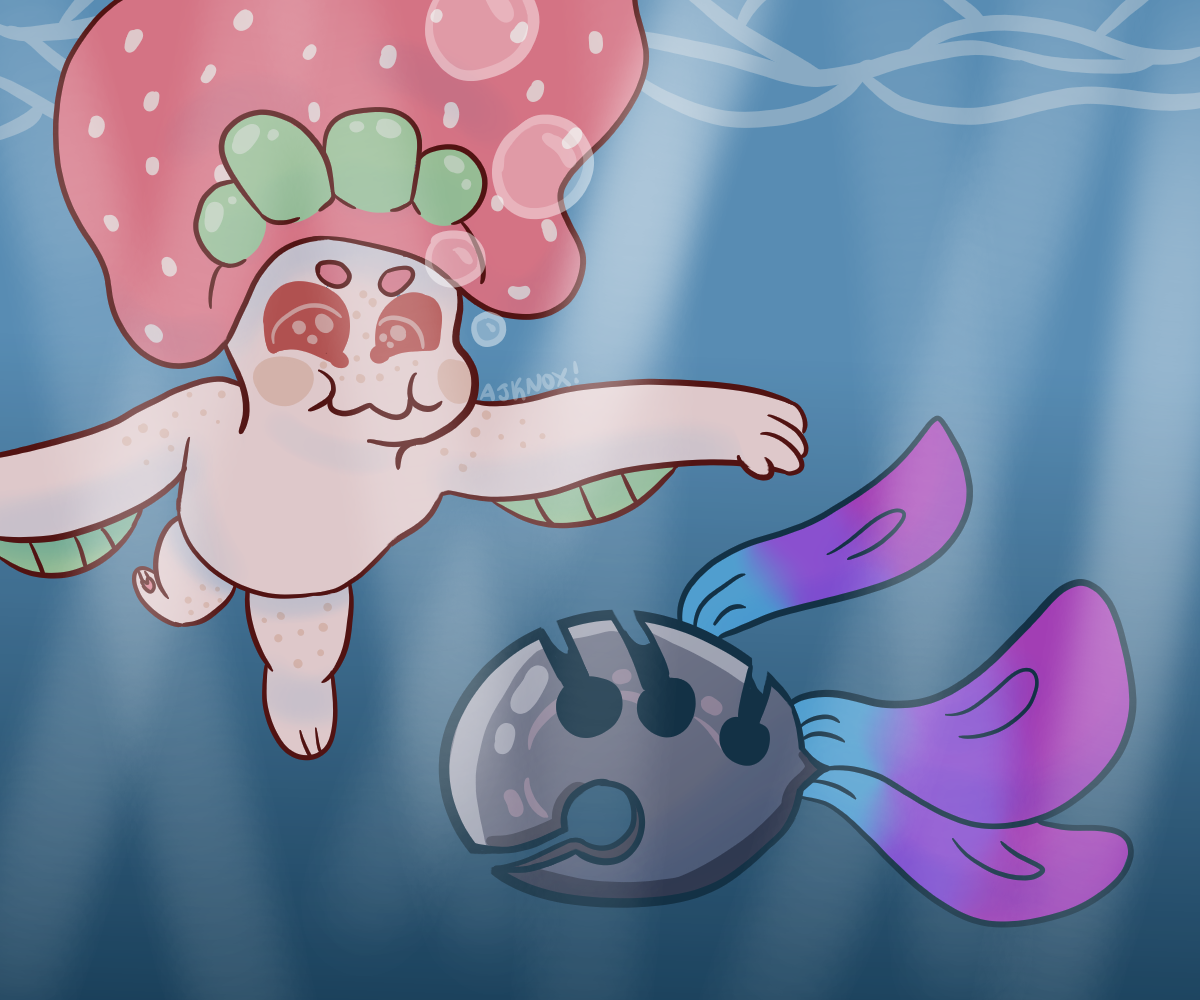 a pink, vaguely humanoid creature is swimming underwater. she has a hair-like flap and protrusions that look like a strawberry. she's looking overjoyed at a fish that looks like a jingle bell.