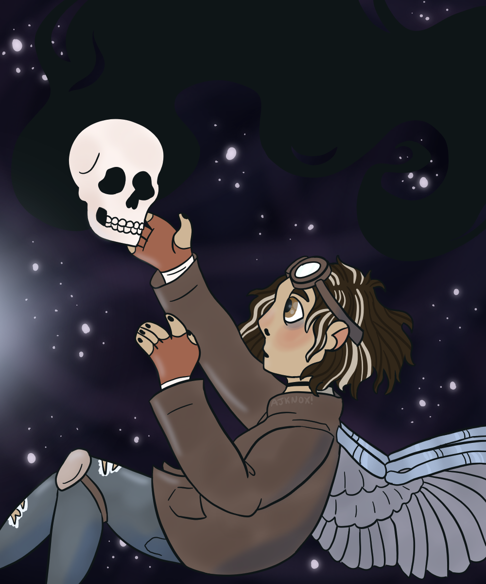 a tan-skinned asian person with chin length brown hair with white streaks. xe is wearing goggles, a brown coat, and ripped jeans, and have mechanical wings. xe is falling through space, one arm reached out to a creature who is a human skull with a black vapor trail following them.